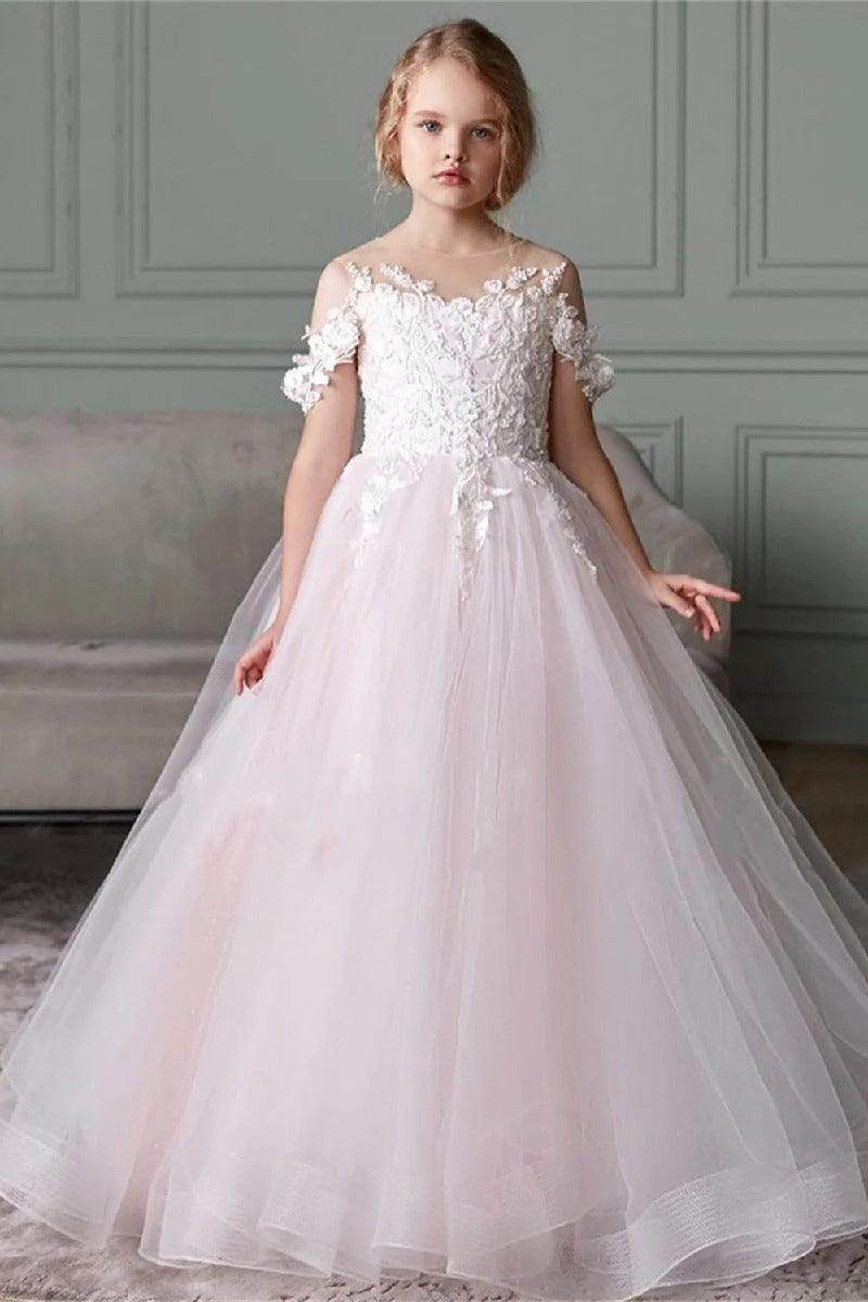 A-Line Illusion Neck Off The Shoulder Sleeves Tulle Maxi Flower Girl Dresses 827500964252 - COCOMELODY